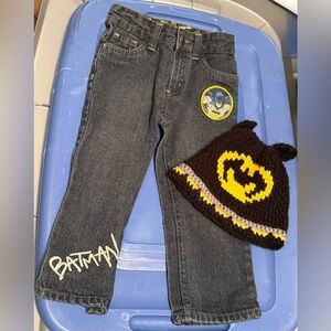 Batman Boy’s 2T Set Black Gray Denim Jeans & Beanie Cap Hat Toboggan EUC